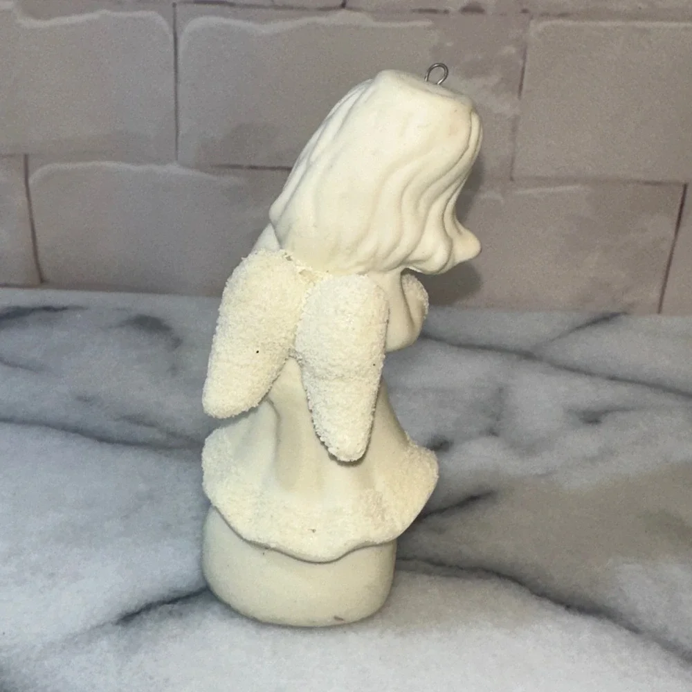 Vintage Ceramic Angel Girl Figurine Harp Christmas Ornament White Textured 4in